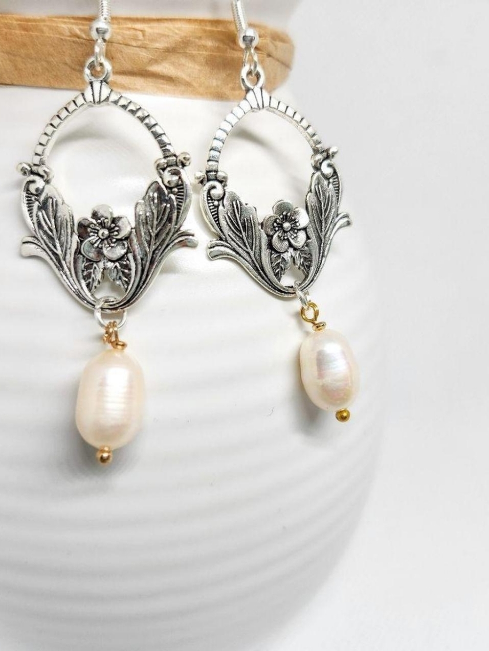 Real Freshwater Pearl Drop Earrings Sterling Silver Floral Victorian Style